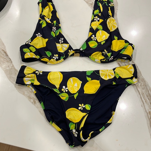 EUC Trina Turk black and yellow lemon 🍋 pattern two piece bikini bathing suit - Picture 2 of 9